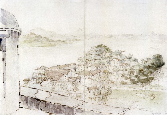 托馬斯．屈臣所繪的從大炮台俯視澳門景色（圖片來源：《十九世紀澳門歷史繪畫》）