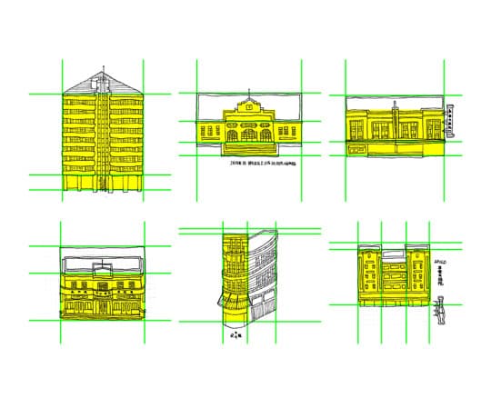 建築物的線稿，畫面按照著既定格線佈局，用方塊形式呈現立面