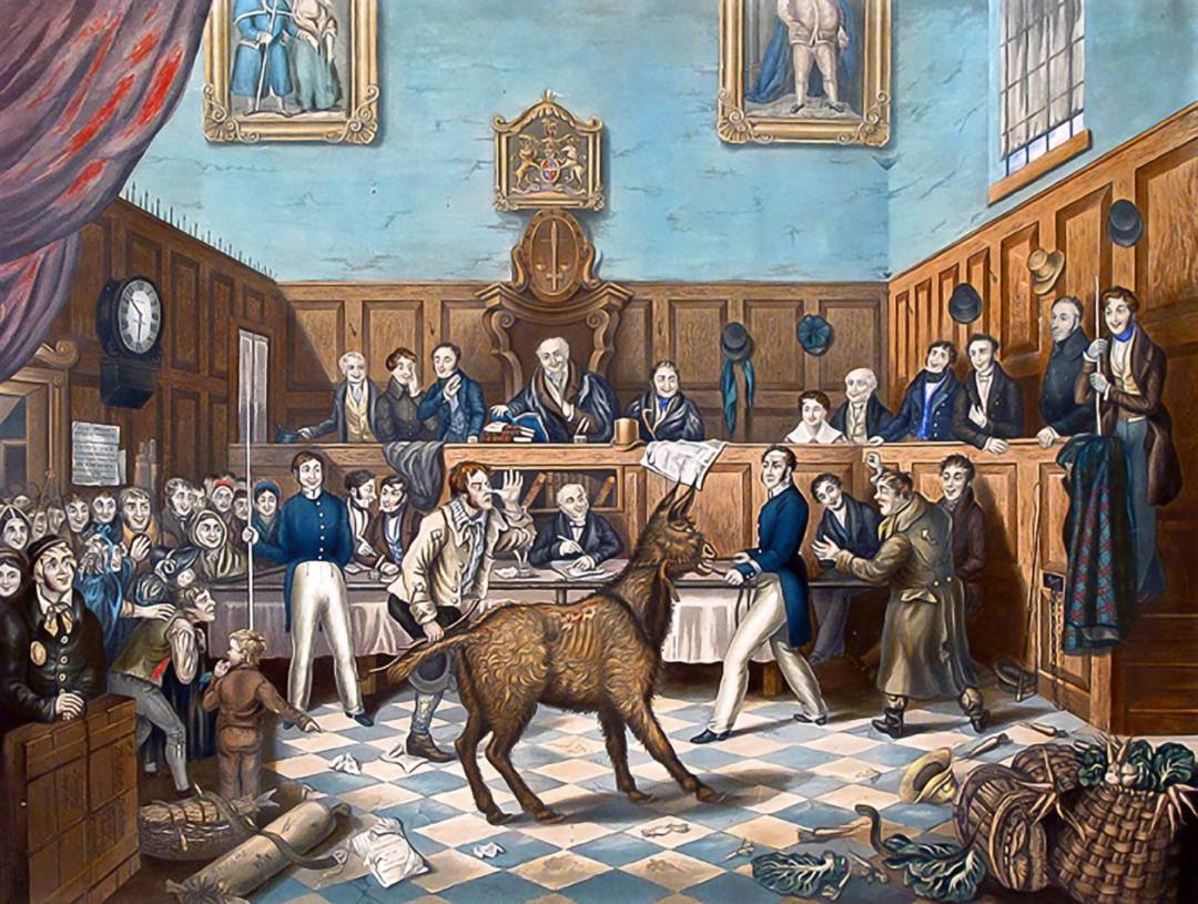 Trial of Bill Burns這幅畫記錄了英國首條動物保護法通過後，一次虐待動物案件的審訊過程。 
