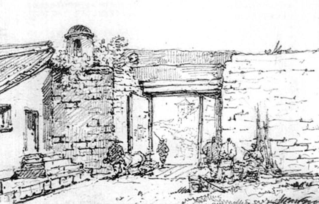 澳門北城門，鉛筆畫，錢納利繪於1830-1833年，Toyo Bunko收藏。