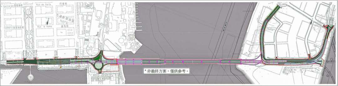 公建局網頁公佈之AB橋初步設計圖，亦是至今僅有關於AB橋設計的官方文件。圖片來源：公建局