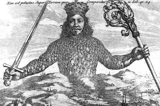 霍布斯的《利維坦》封面，象徵國家和國王的巨人由無數平民所組成，表達了以人為中心的世界觀。