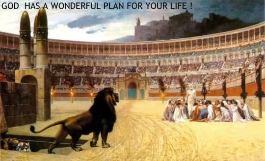 國外網友把早期使徒的殉道圖配上成功神學的口頭禪：「神為你預備了一個好的人生計劃」，以諷刺成功神學的歪風。