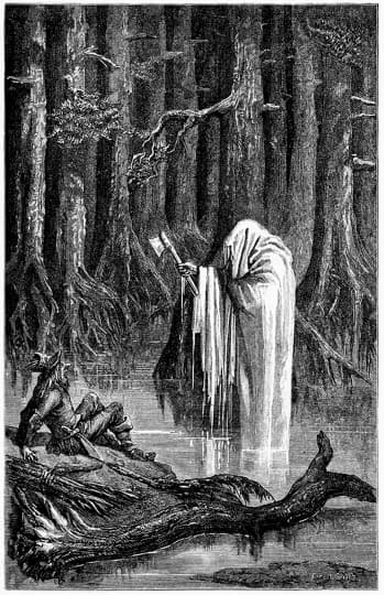 19世紀的《誠實的伐木人和金斧頭》插畫。 (網絡圖片)