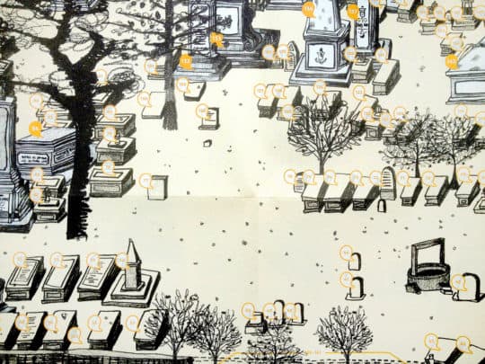 《天國之園──馬禮遜墓園文化地圖》，我城社區規劃合作社2017年4月出版，SomethingMoon 設計及插畫。地圖正面為墓園全圖，背面重點介紹。©SomethingMoon