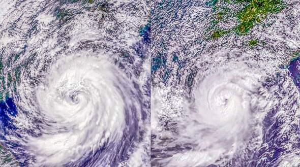 雖然同為十級颱風，但天鴿（右）結構仍較山竹（左）緊密。圖片來源：NASA