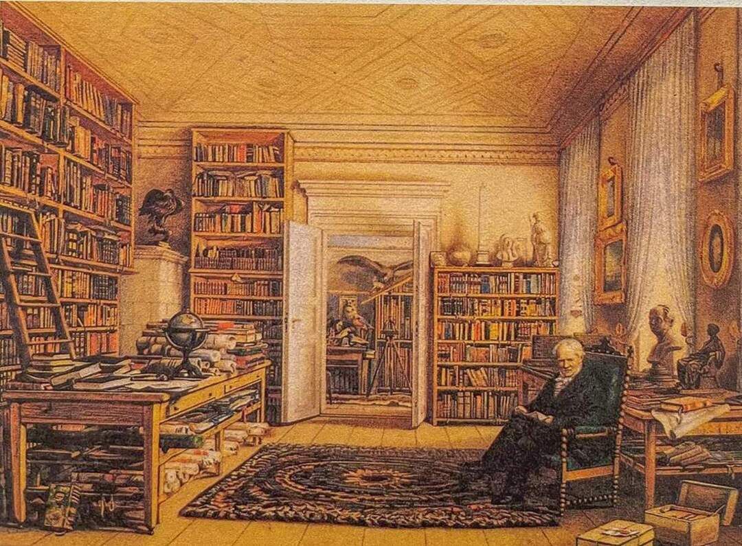 書中插圖：洪堡德在在他的圖書室。